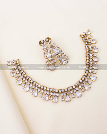 Premium Victorian Diamond Look-Alike Short Necklace with Earrings Set