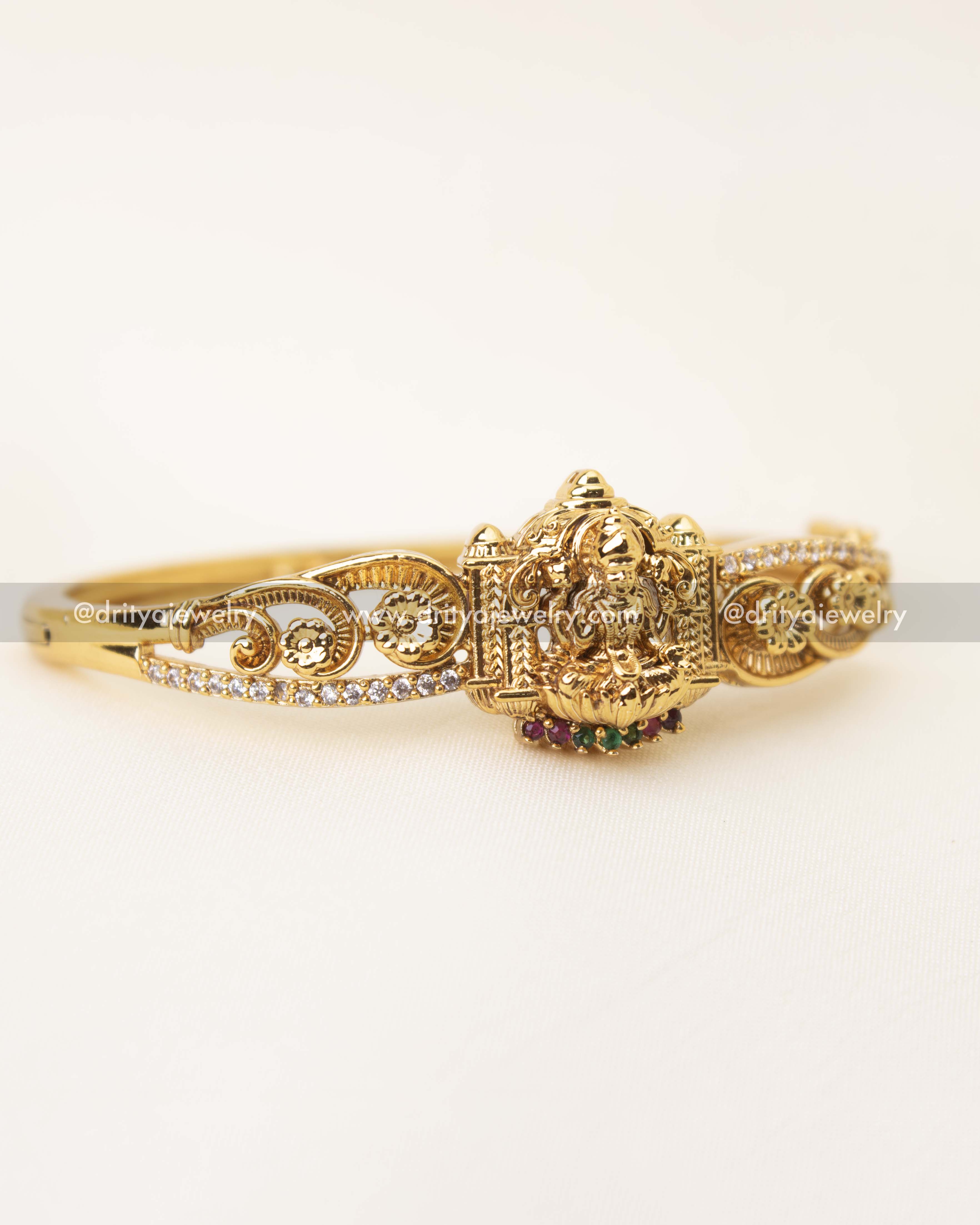 Premium openable temple kada with antique gold finish and Goddess Lakshmi Devi motif