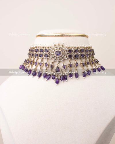 Premium Victorian choker set with purple stones, pearl drops, and Victorian gold finish