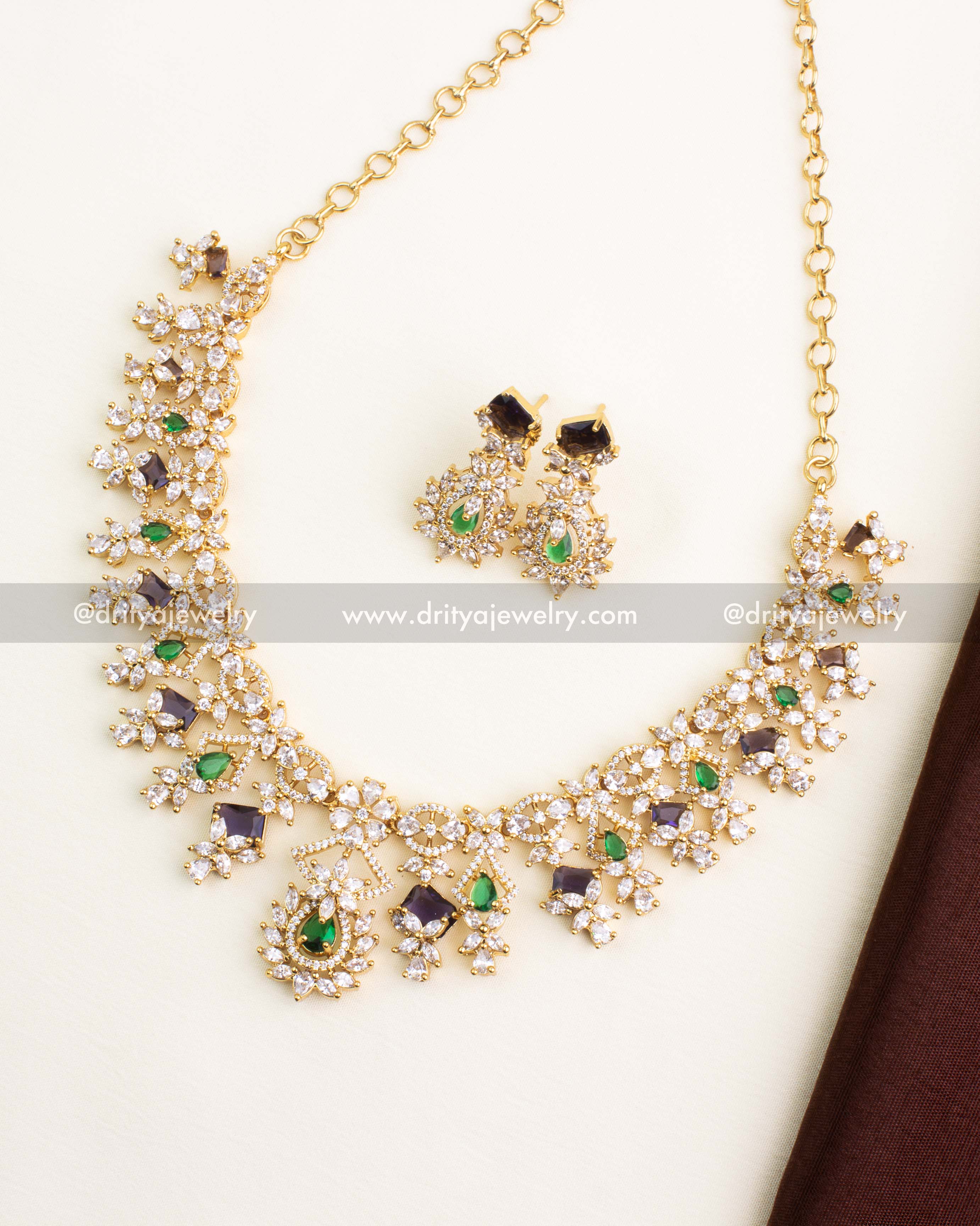View.jpg – Premium CZ Short Necklace Set with Purple & Green Stones - Full Set View