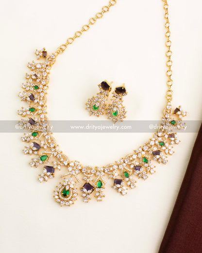 View.jpg – Premium CZ Short Necklace Set with Purple & Green Stones - Full Set View