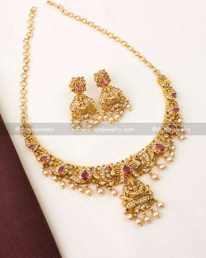 Premium Nakshi temple short necklace with ruby red stones, Lakshmi pendant and pearl drops