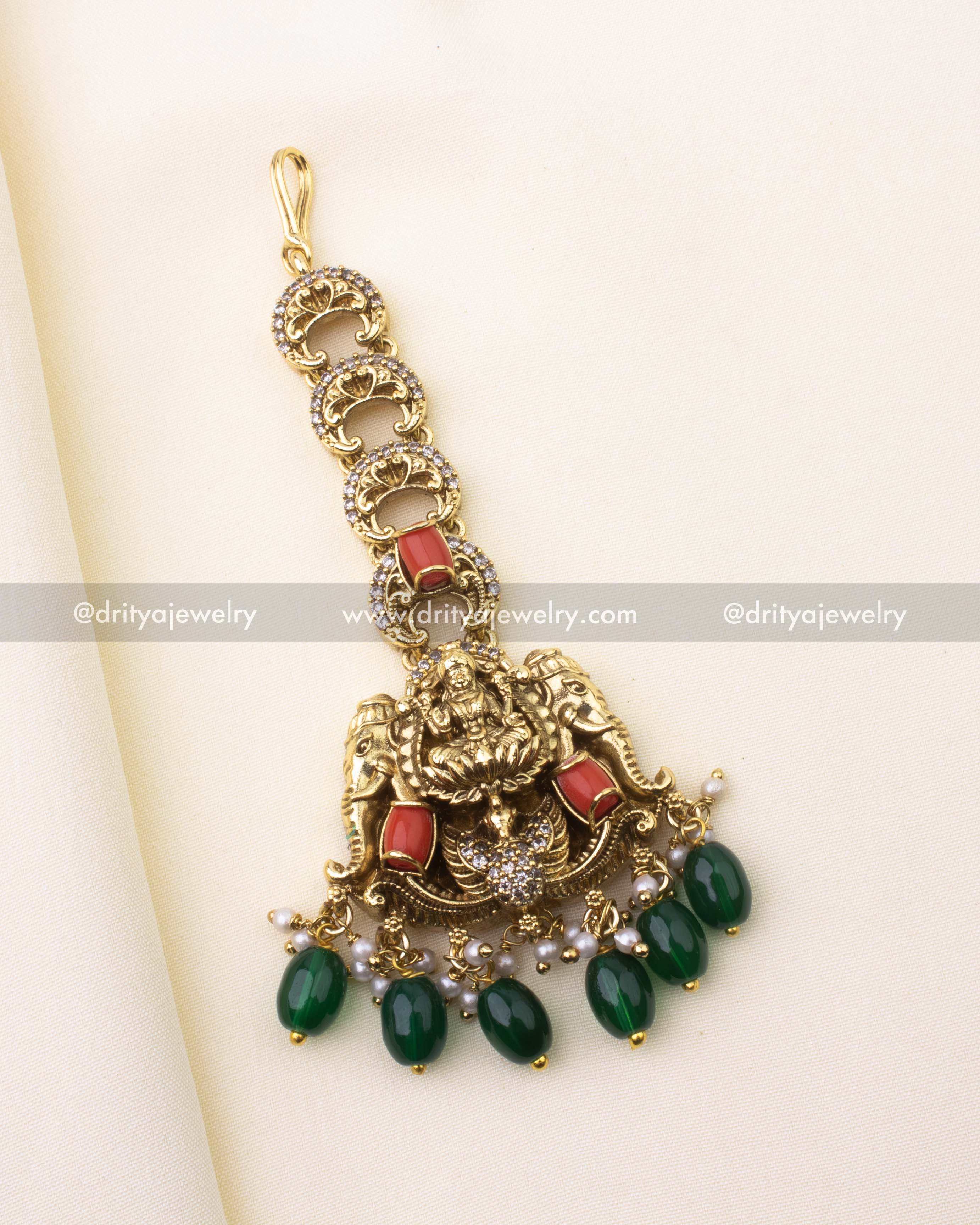 Premium Nakshi Maang Tikka with Coral and Emerald Green Beads