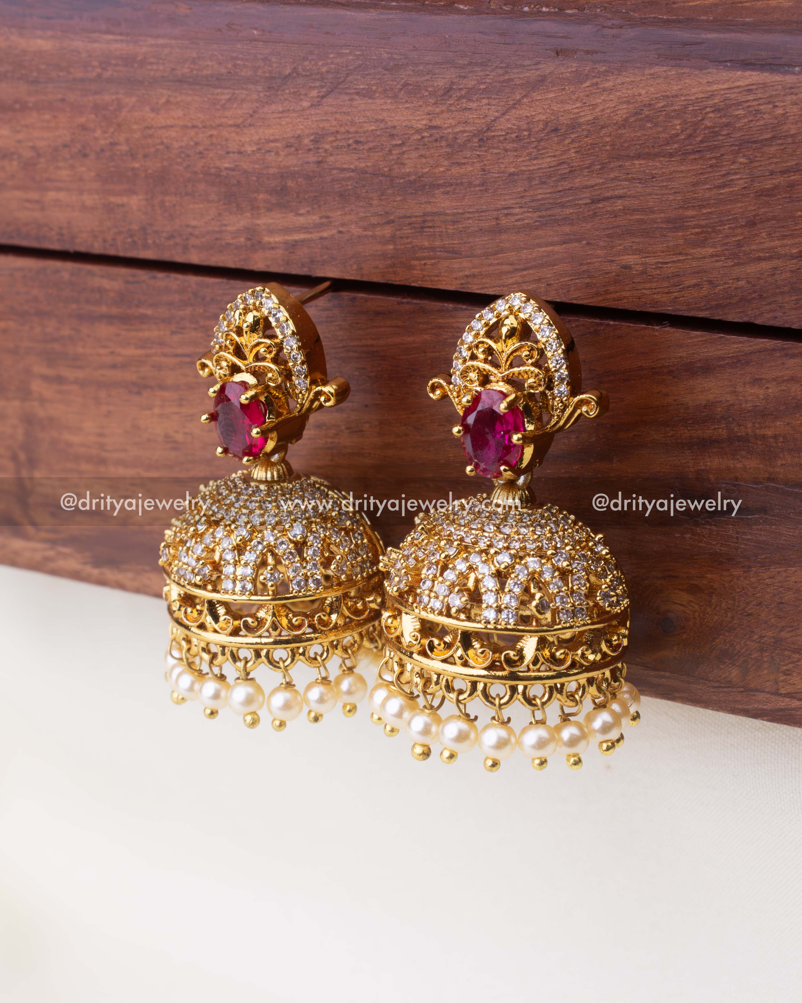 Premium Ruby Red CZ Jhumka Earrings with Pearl Drops