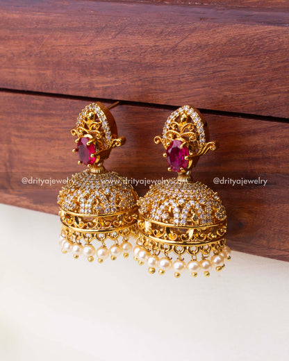 Premium Ruby Red CZ Jhumka Earrings with Pearl Drops