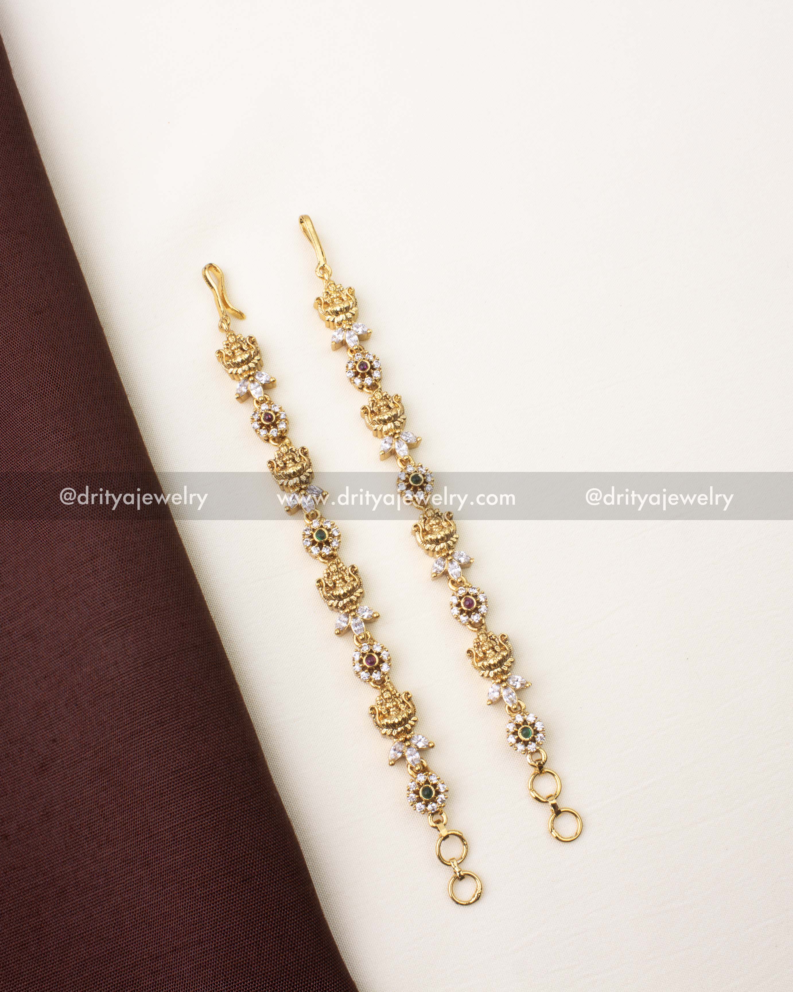 Premium temple matilu with antique gold finish, CZ stones, and dual-tone green and ruby detailing
