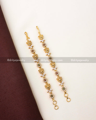 Premium temple matilu with antique gold finish, CZ stones, and dual-tone green and ruby detailing
