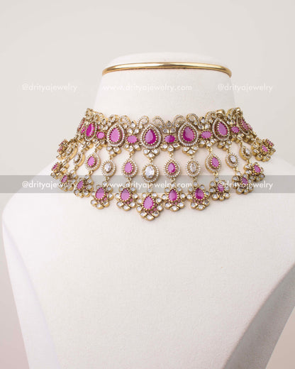 Premium Victorian choker necklace with ruby pink teardrop stones and CZ embellishments