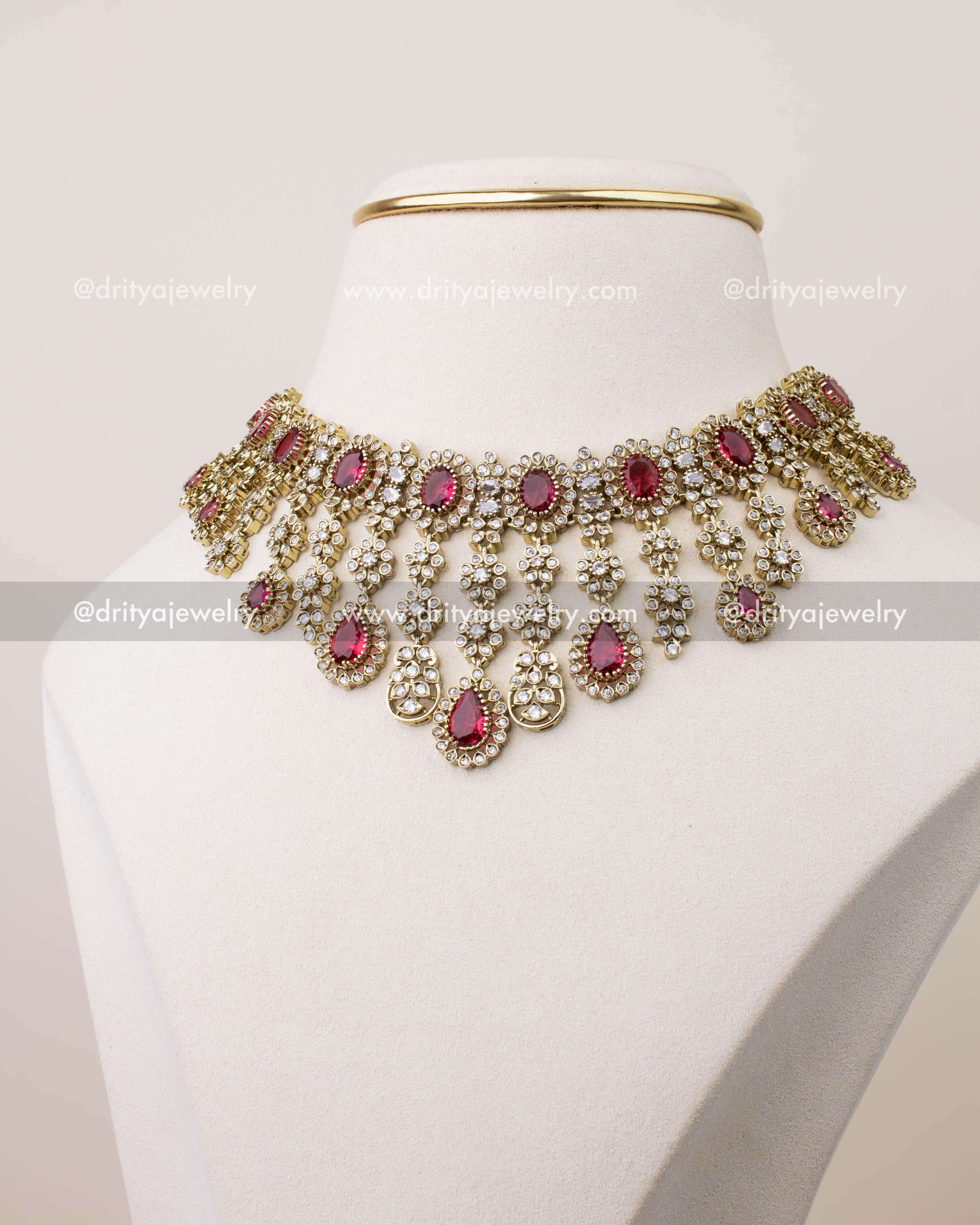 Princess length Victorian necklace set with ruby red stones and CZ embellishments