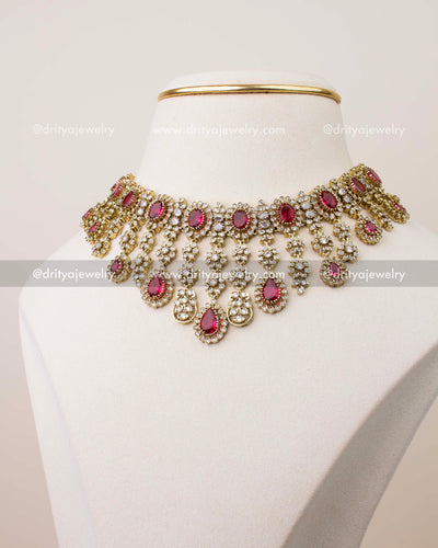 Princess length Victorian necklace set with ruby red stones and CZ embellishments