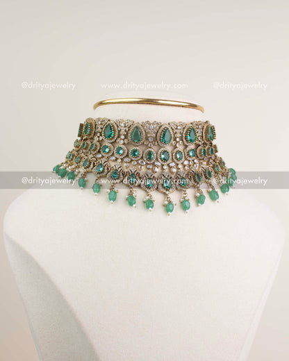 Premium Victorian bridal choker set in Russian emerald with multi-layer detailing, AD stones, and bead droplets.