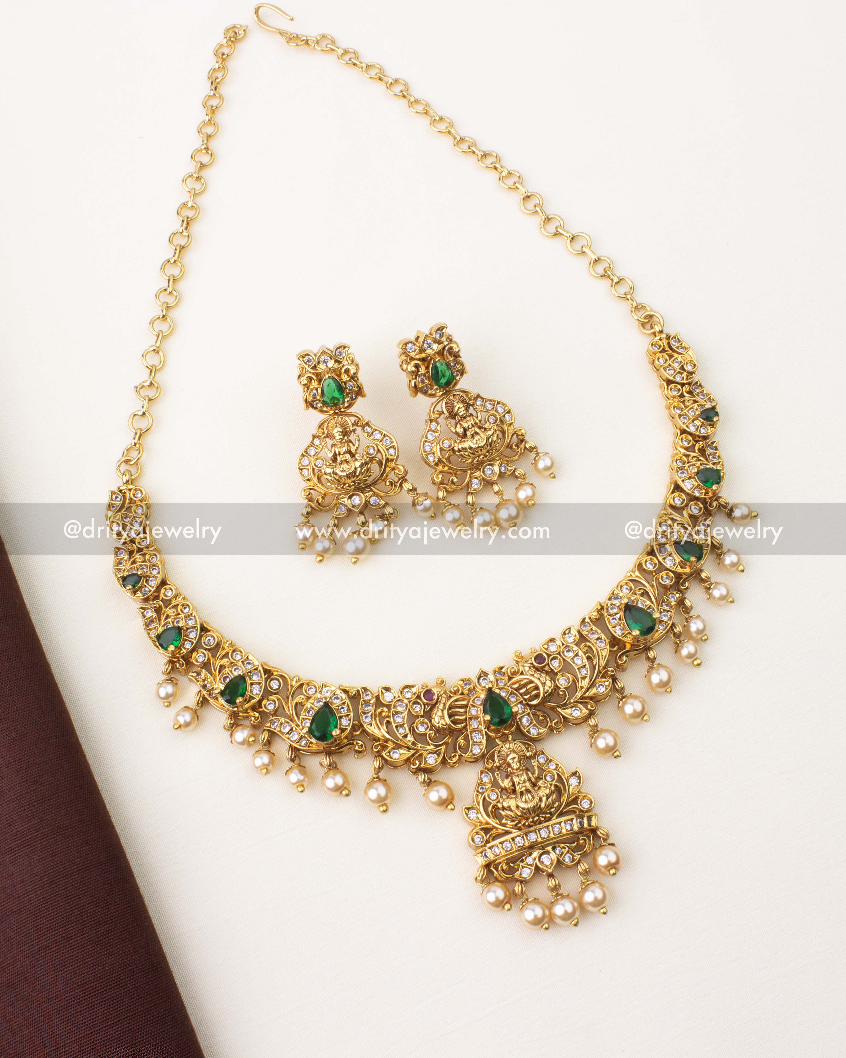 Premium Nakshi temple short necklace with emerald green stones, Lakshmi motif and pearl drops