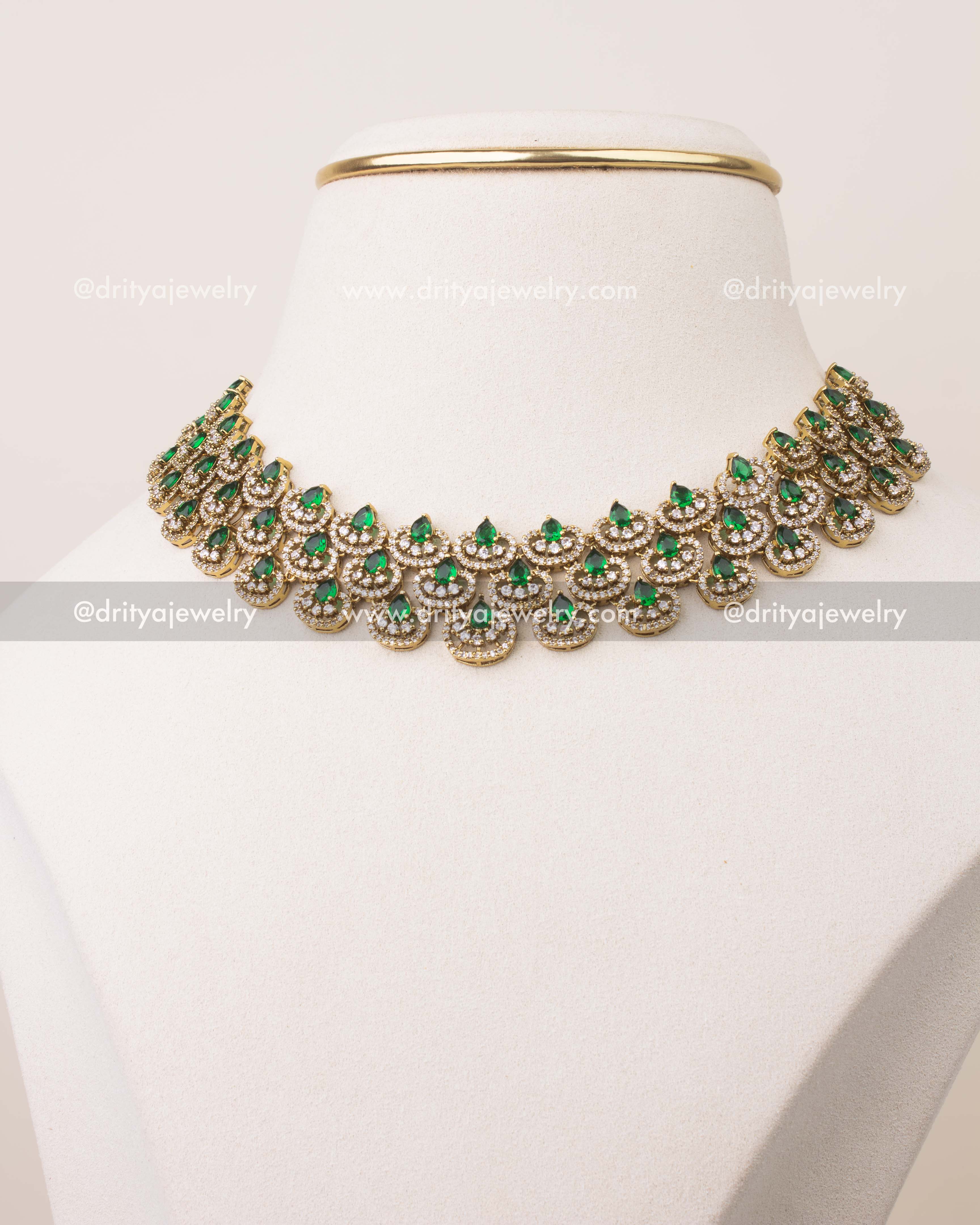Premium Victorian short necklace with emerald green CZ stones and gold polish