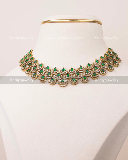 Premium Victorian short necklace with emerald green CZ stones and gold polish