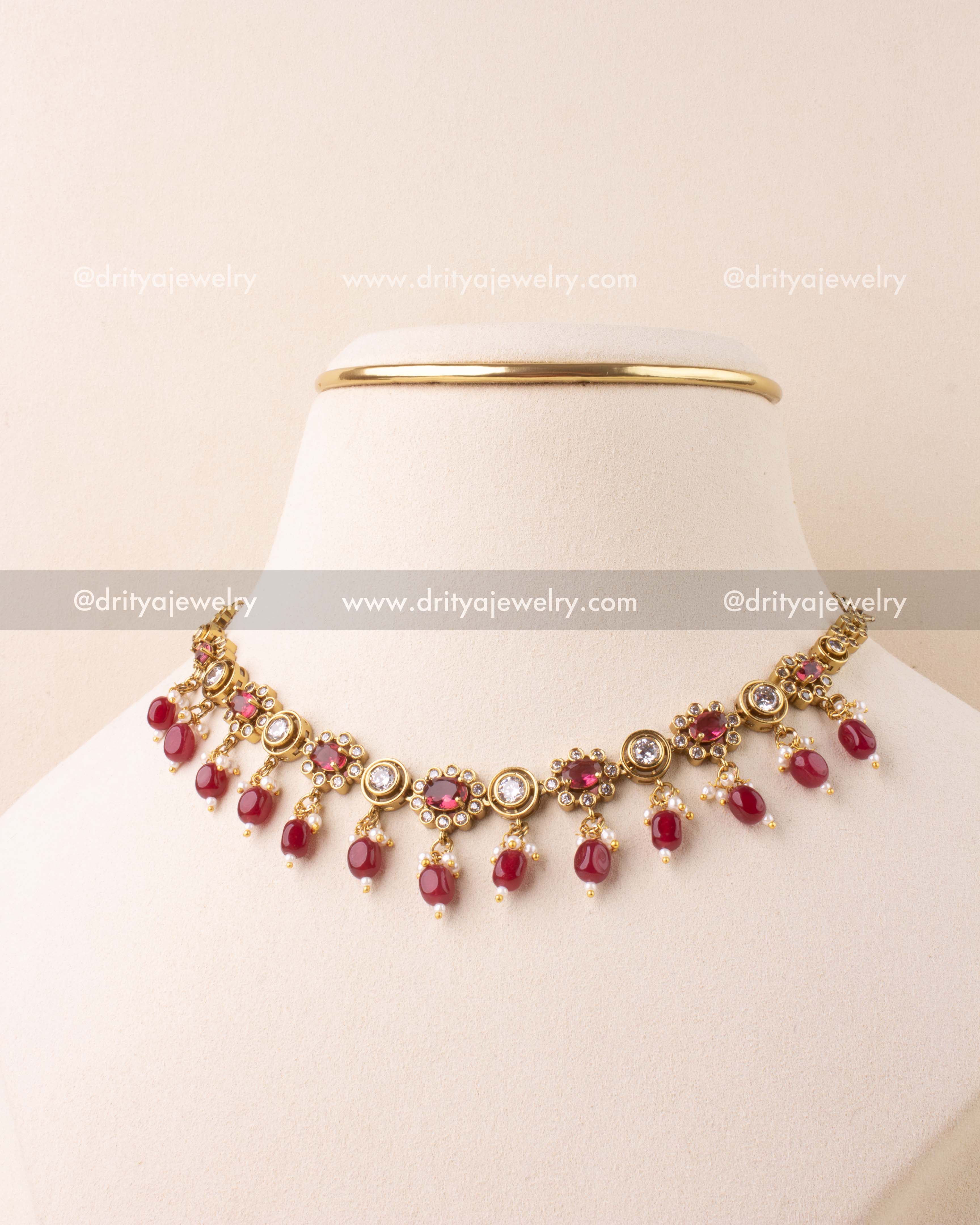 Minimal Victorian Choker/Necklace Set with Ruby Red Beads