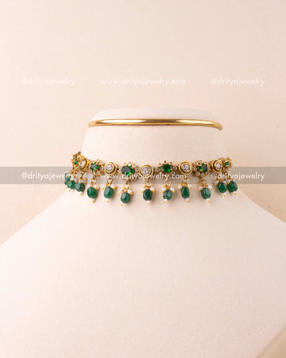 Emerald green necklace with antique Victorian finish and green bead danglers.