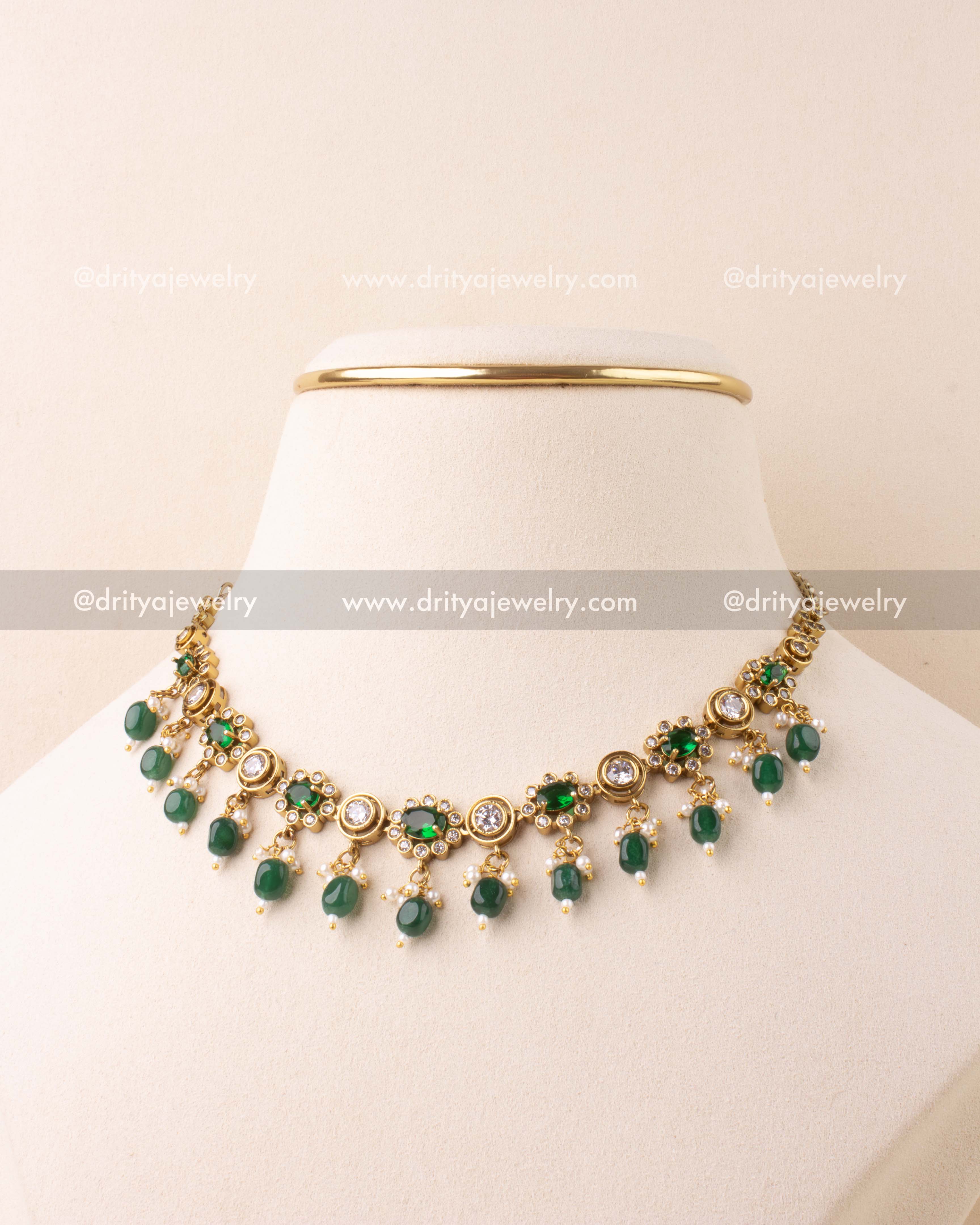 Emerald green necklace with antique Victorian finish and green bead danglers.