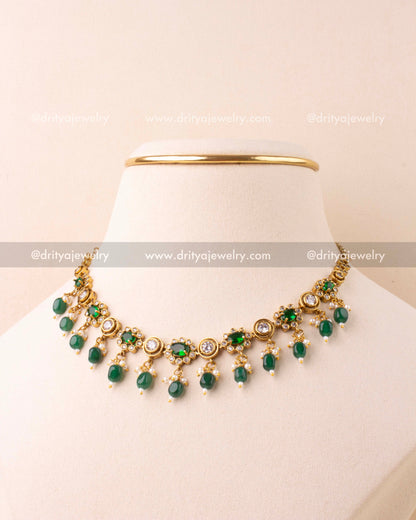Emerald green necklace with antique Victorian finish and green bead danglers.