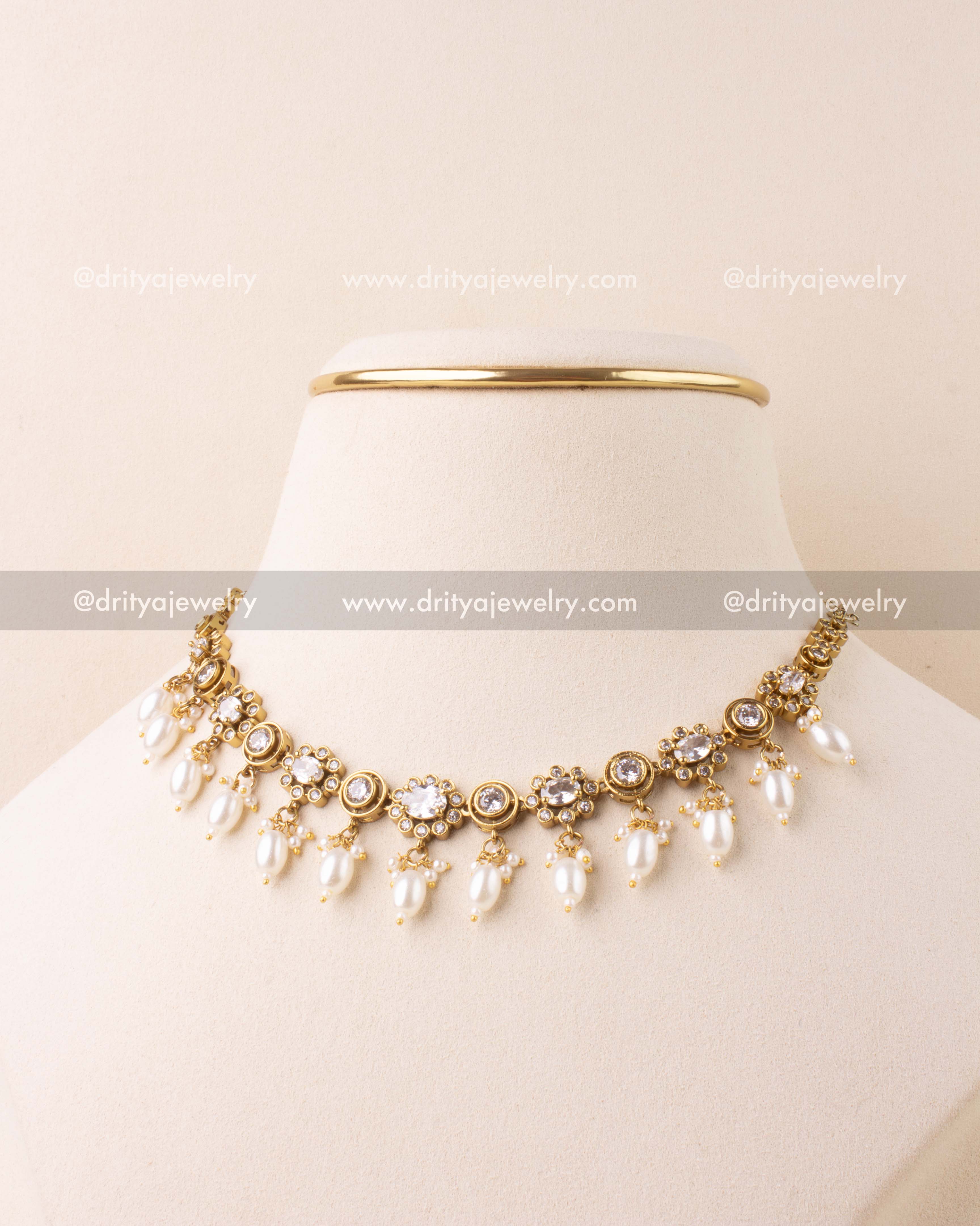 Choker necklace with CZ stones and white pearl drops in antique Victorian finish.