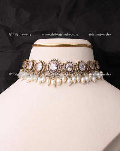 Victorian-style choker with white stones and pearl drops