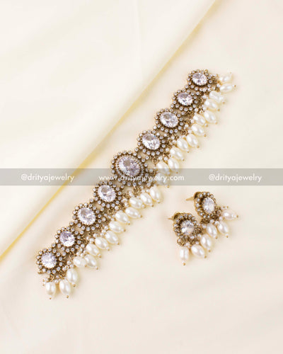 Victorian-style choker with white stones and pearl drops