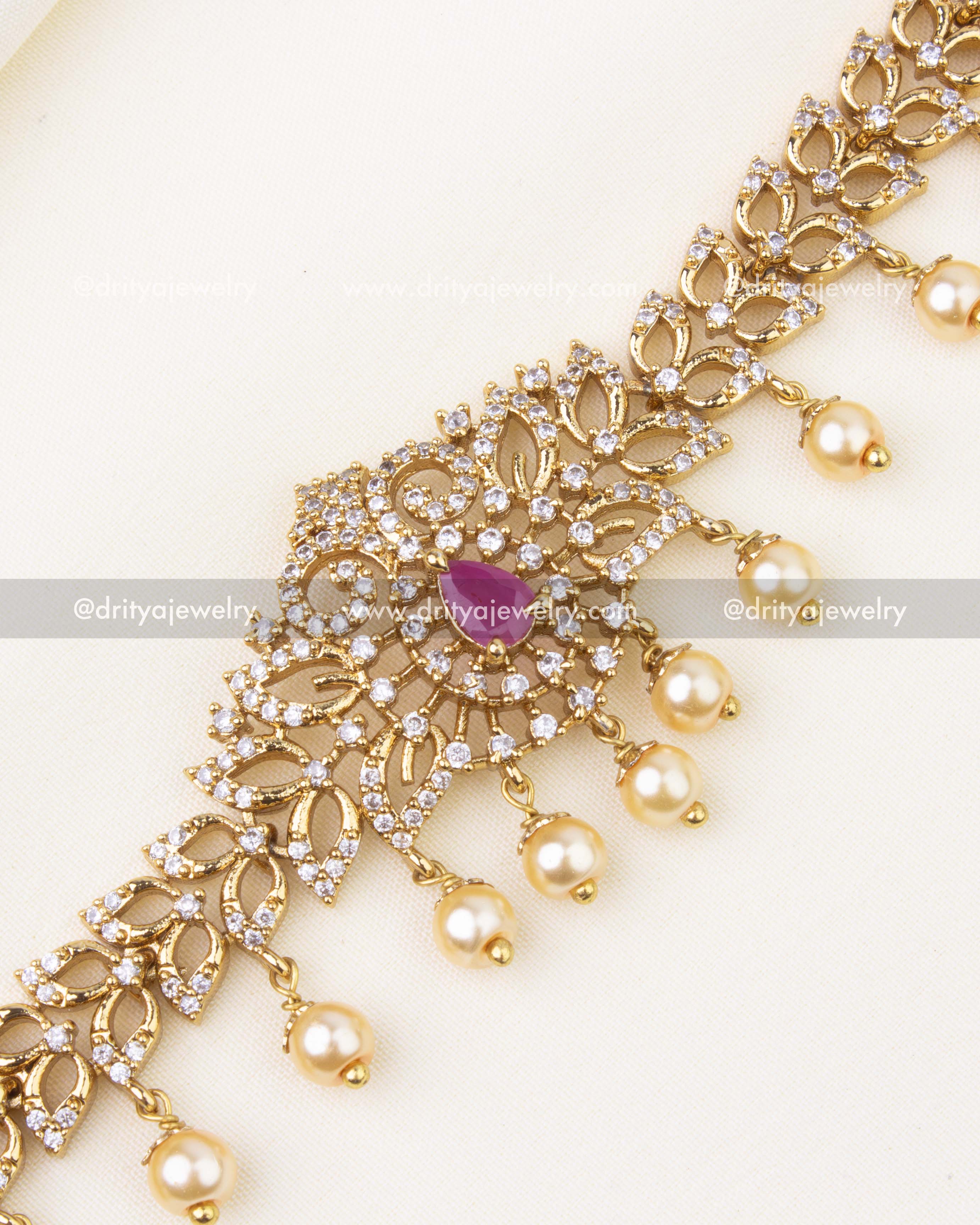 Premium CZ Hip Chain with Pearl Drops and Ruby Center