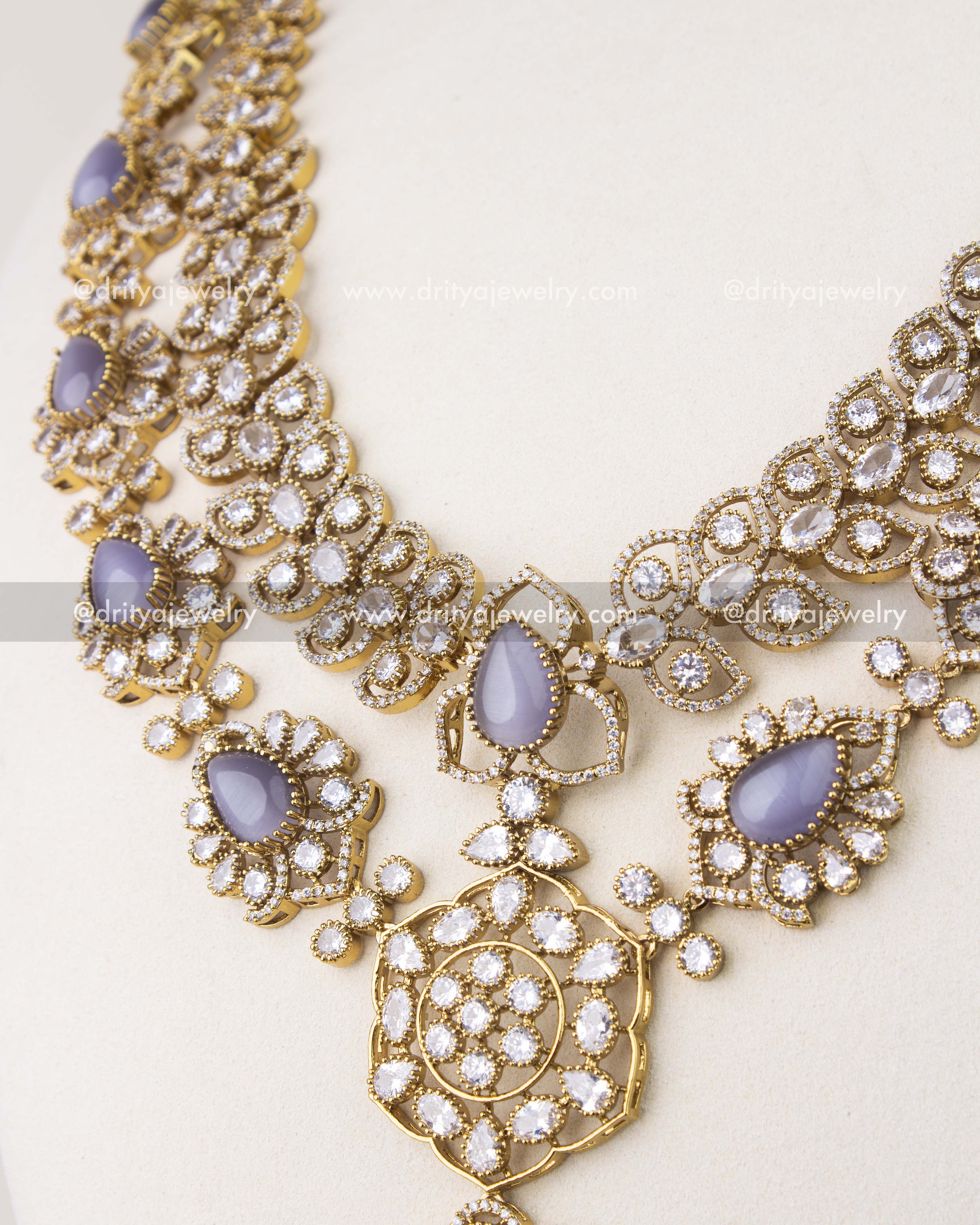 Cushion cut purple stones with CZ halo in Victorian gold polish necklace