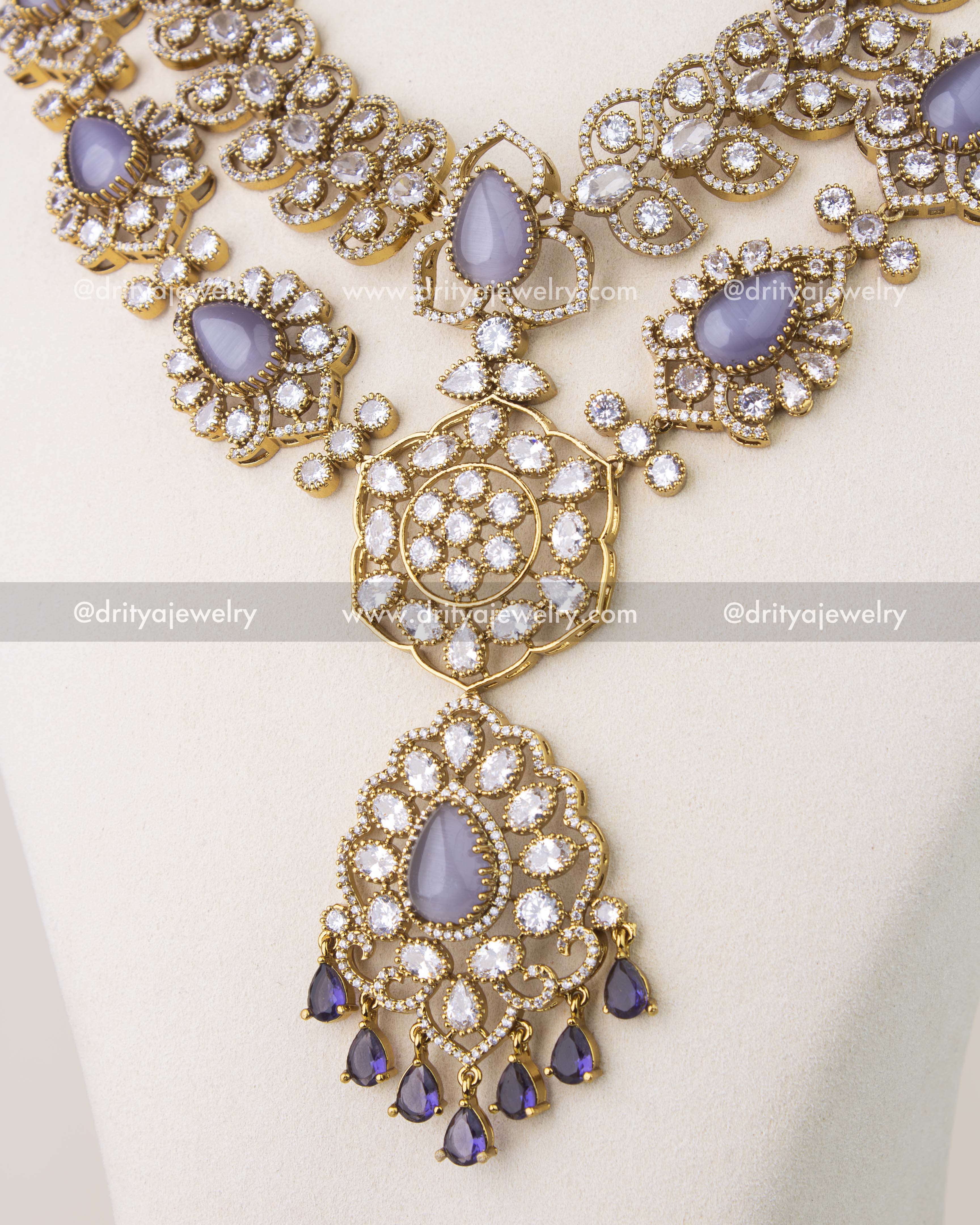 Cushion cut purple stones with CZ halo in Victorian gold polish necklace