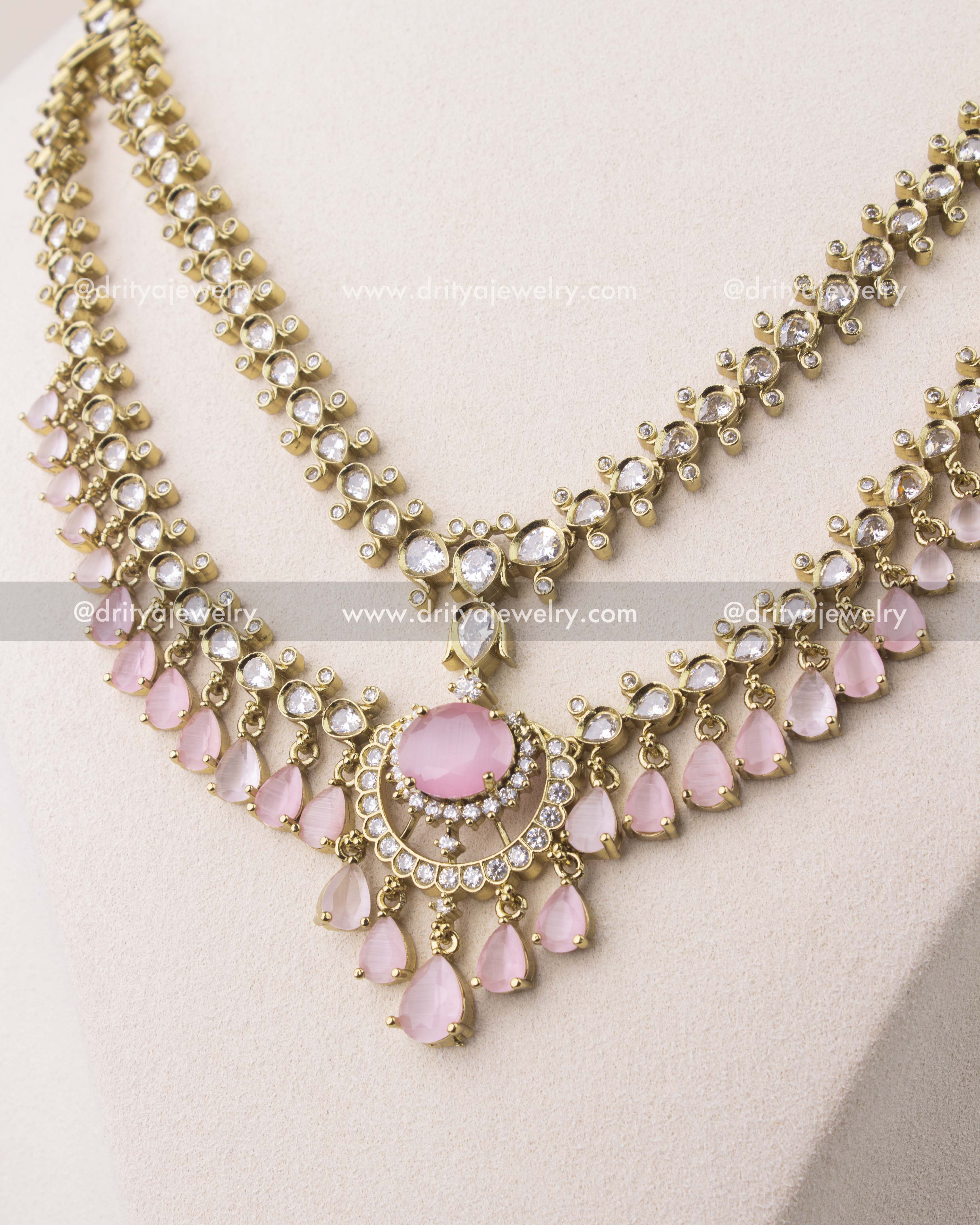 close up Premium Victorian layered short necklace set with blush pink stones and gold finish