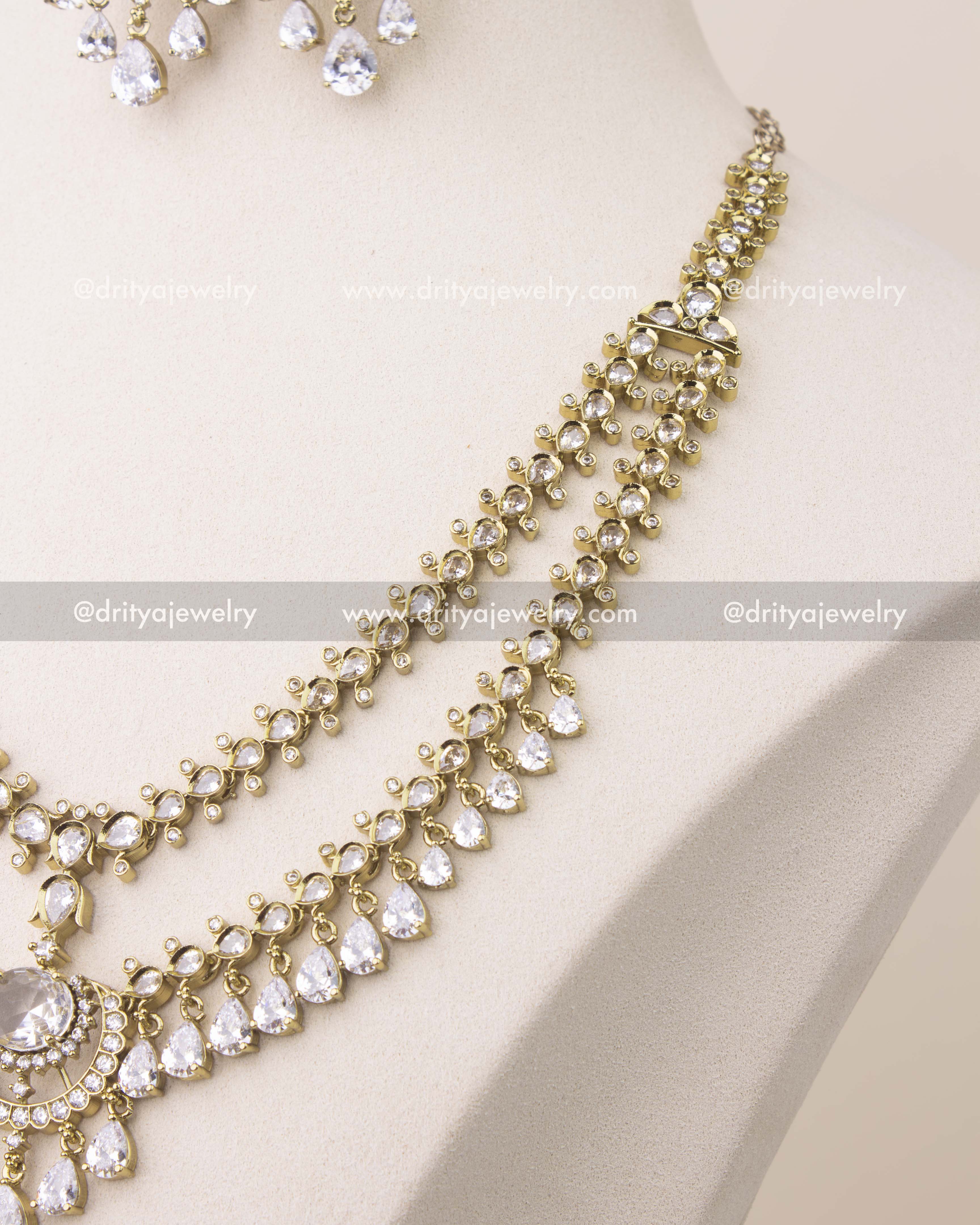 close up of Premium Victorian layered short necklace set with diamond white CZ stones