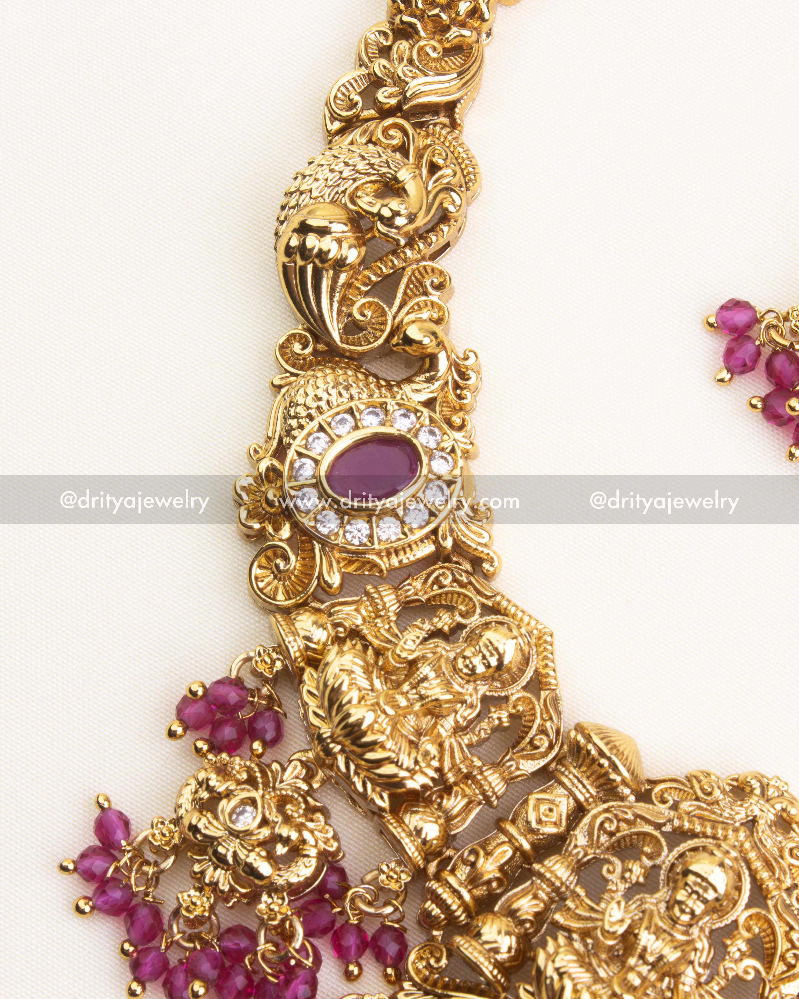 Premium Nakshi Temple Short Necklace with Ruby Red Beads