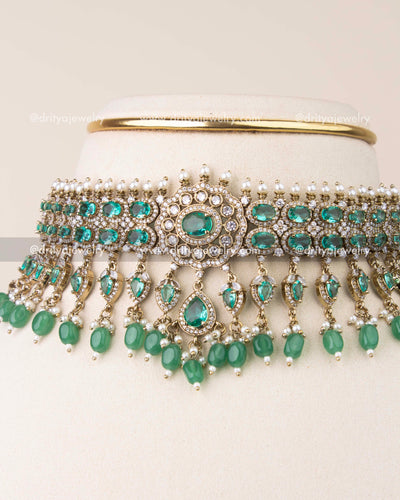 Close-up of Russian emerald stones and crystal setting in antique Victorian choker