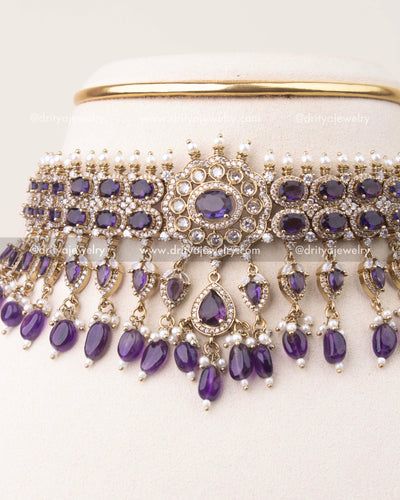 Close-up of Victorian choker featuring deep purple stones, crystal detailing, and pearl hangings
