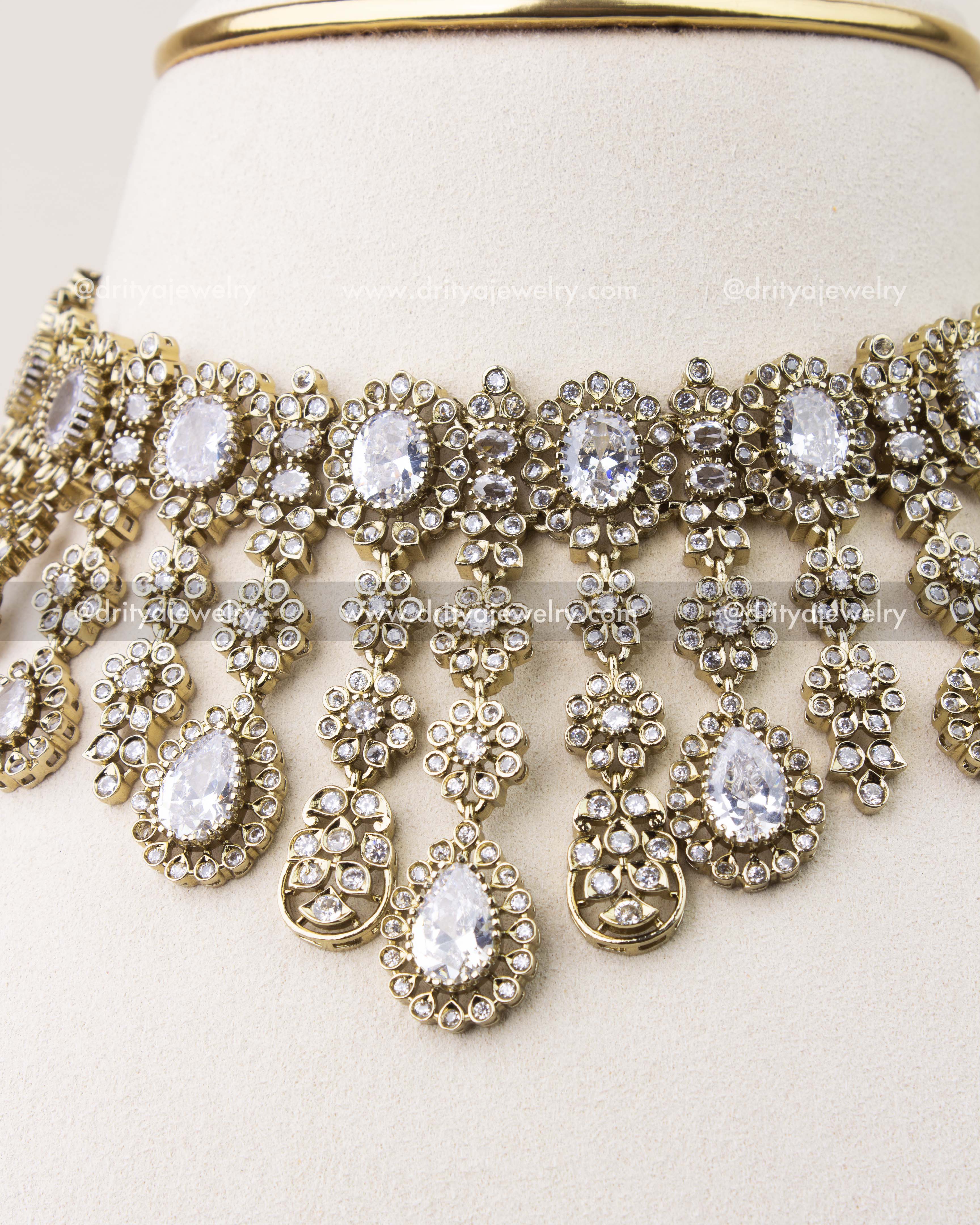 Close-up of diamond-like CZ stones in Victorian princess necklace