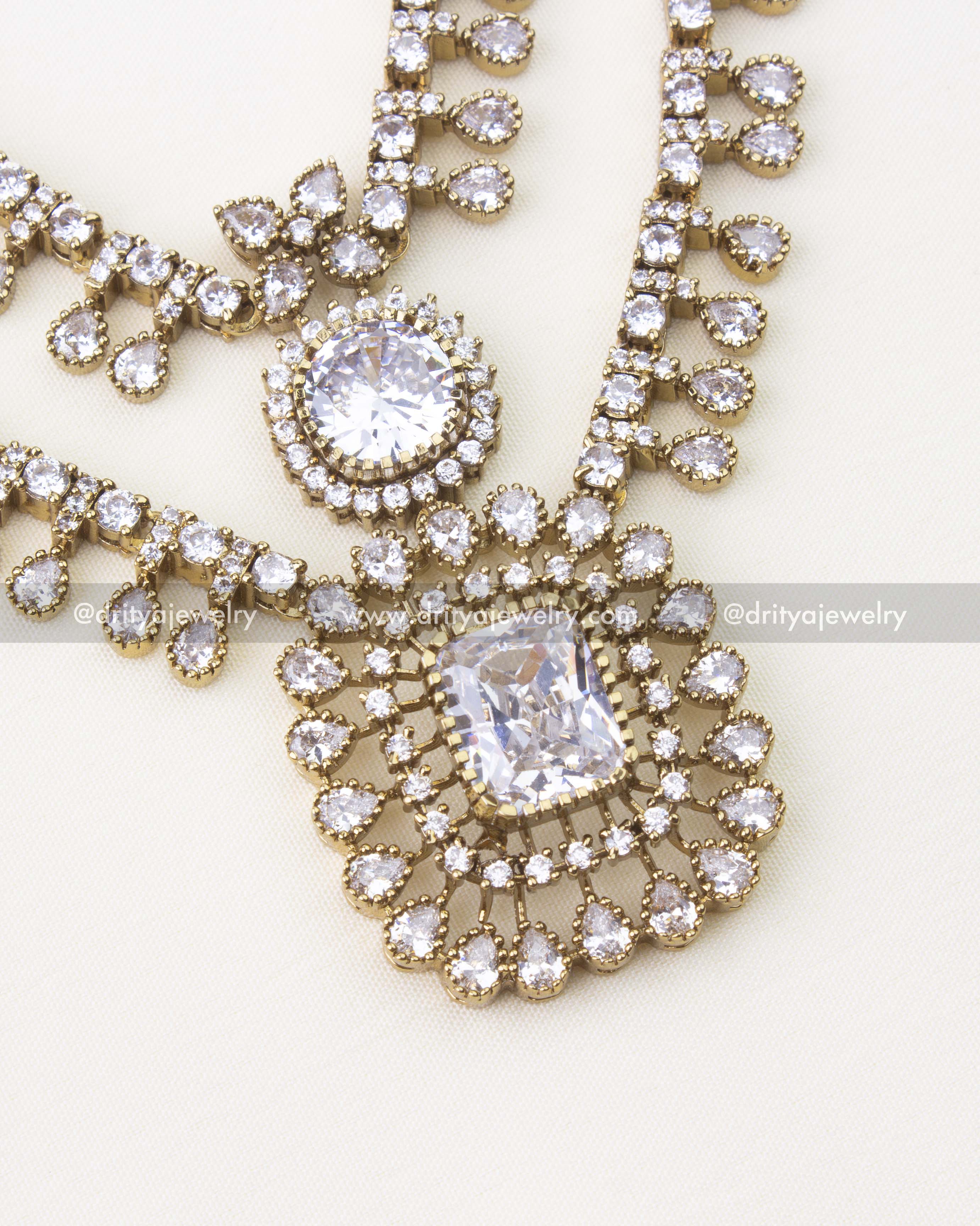 Victorian gold polished necklace with diamond white stones and CZ detailing