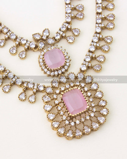Gold polished Victorian necklace with blush pink center stone and CZ detailing