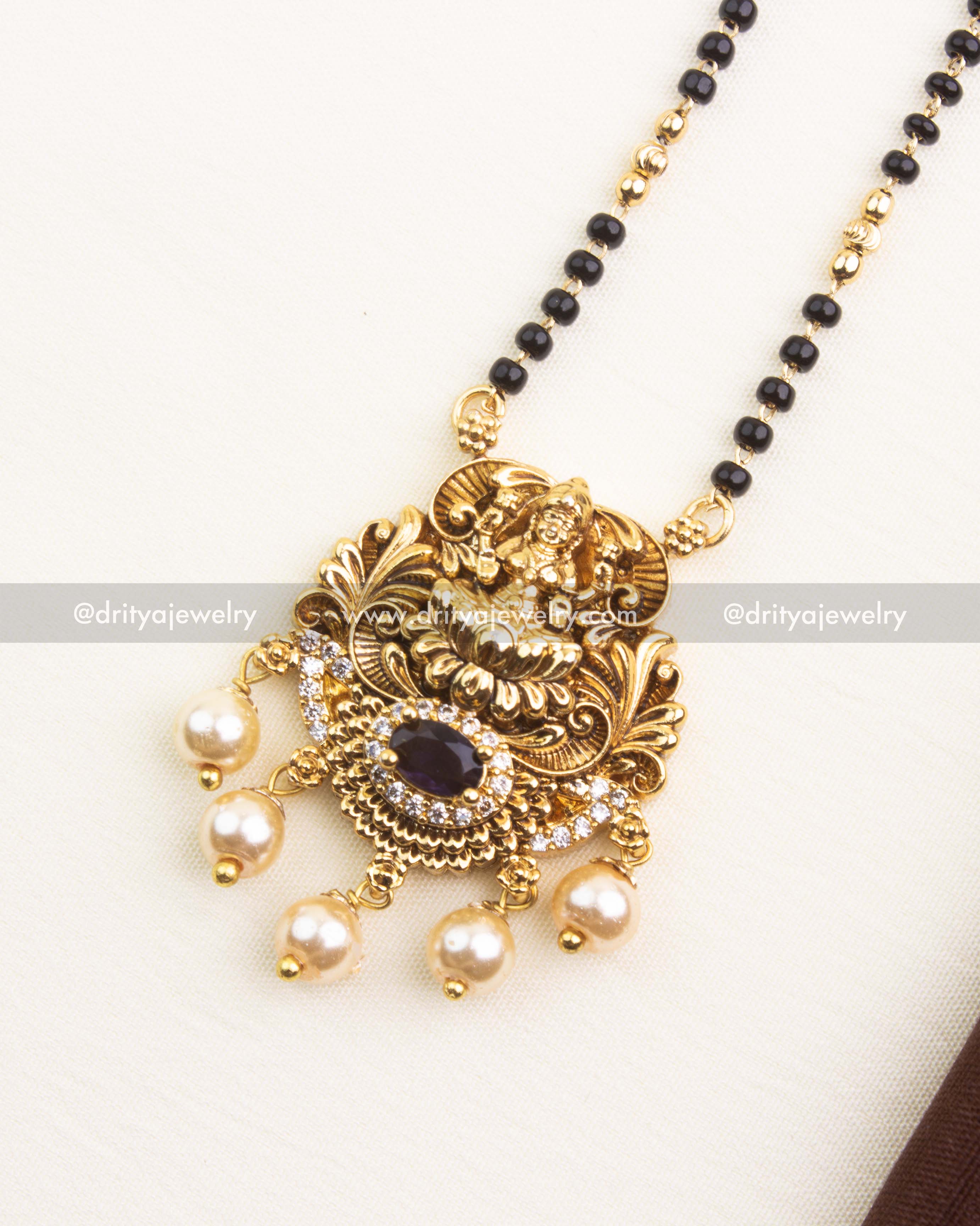Goddess Lakshmi Pendant with Purple Stone and Pearls – Temple Black Beads Necklace