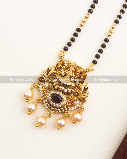 Goddess Lakshmi Pendant with Purple Stone and Pearls – Temple Black Beads Necklace