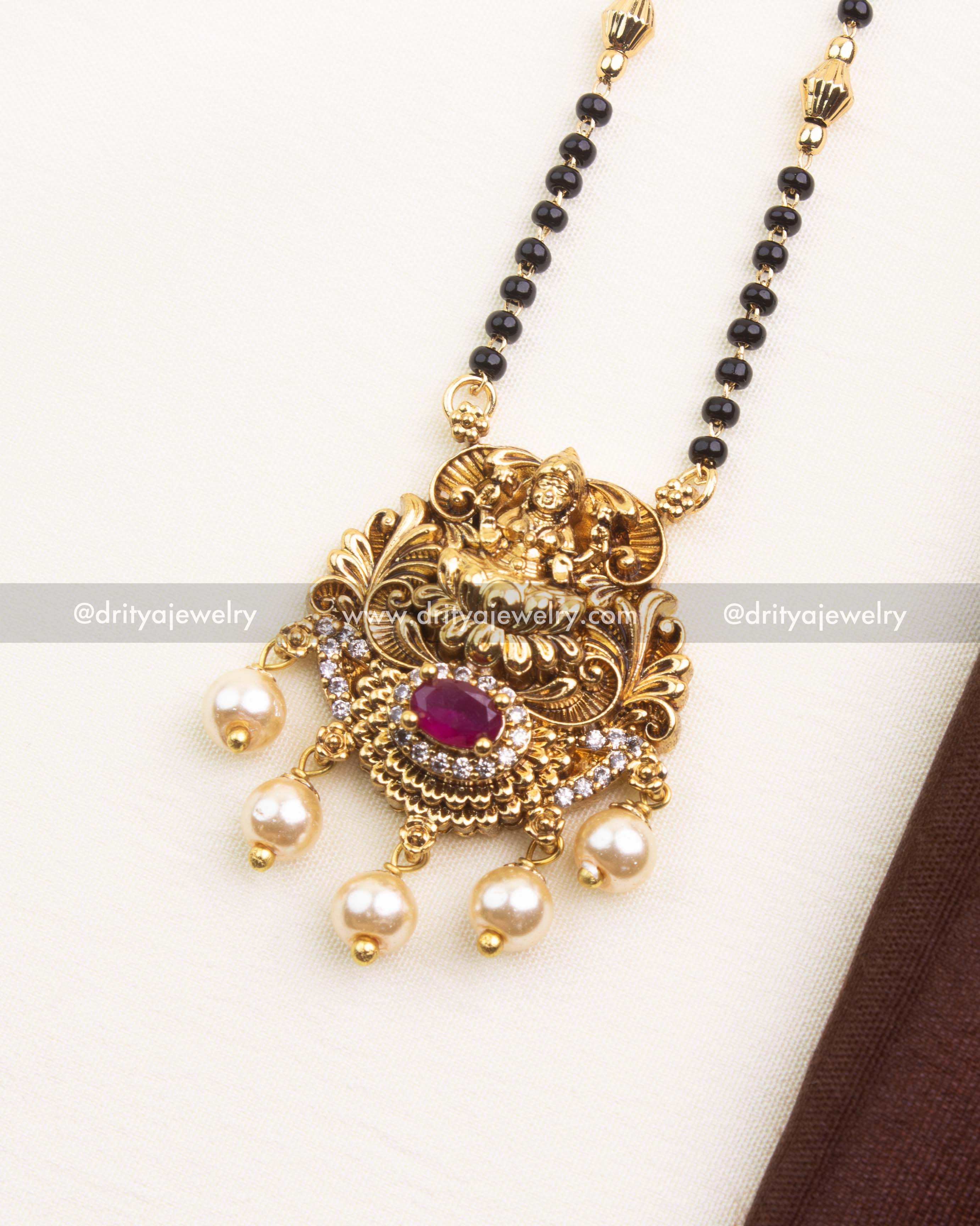 Temple Necklace Pendant with Ruby Red Stone and Pearl Danglers