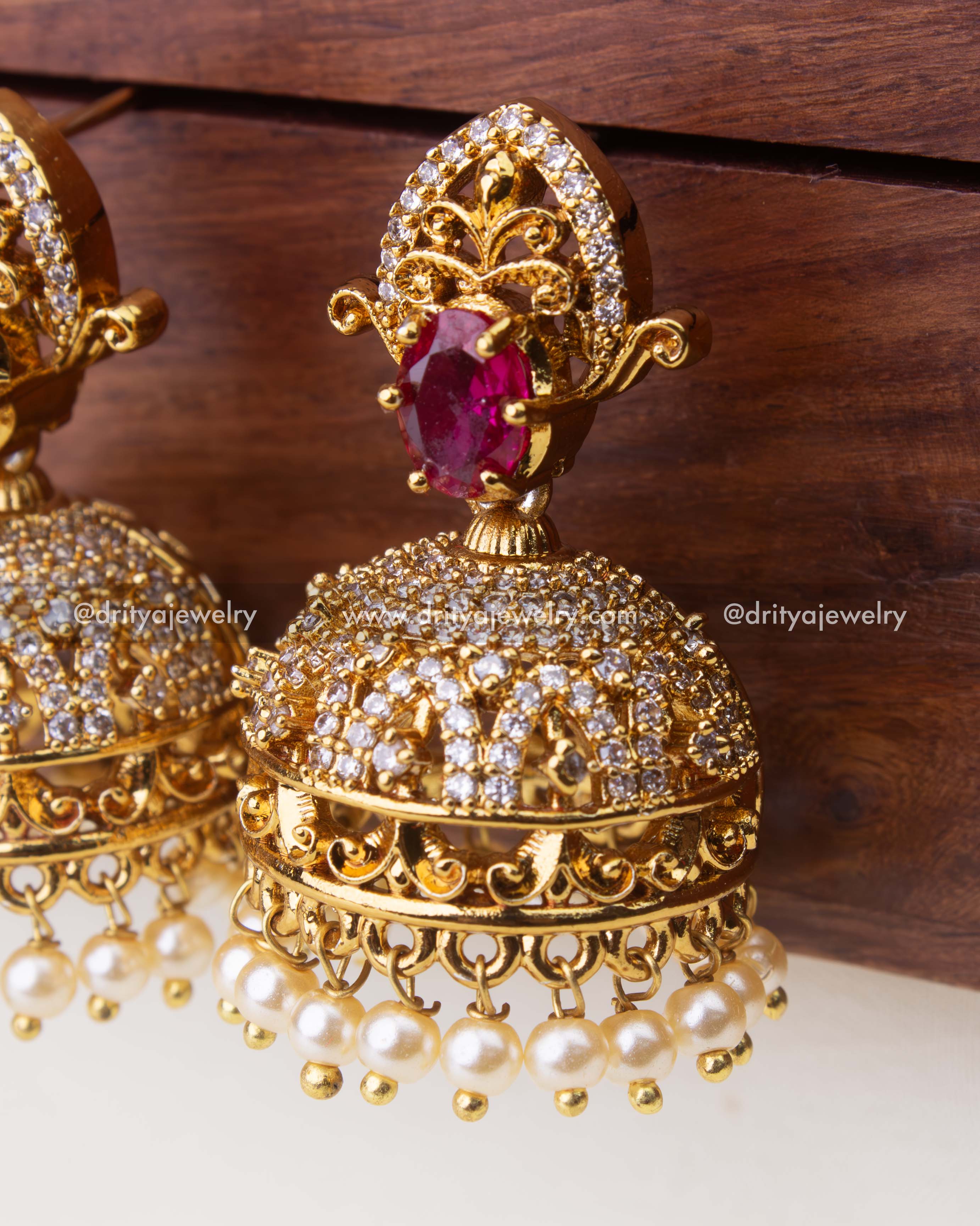 Detailed Close-Up of Ruby Red CZ Jhumka Design
