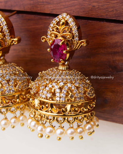 Detailed Close-Up of Ruby Red CZ Jhumka Design