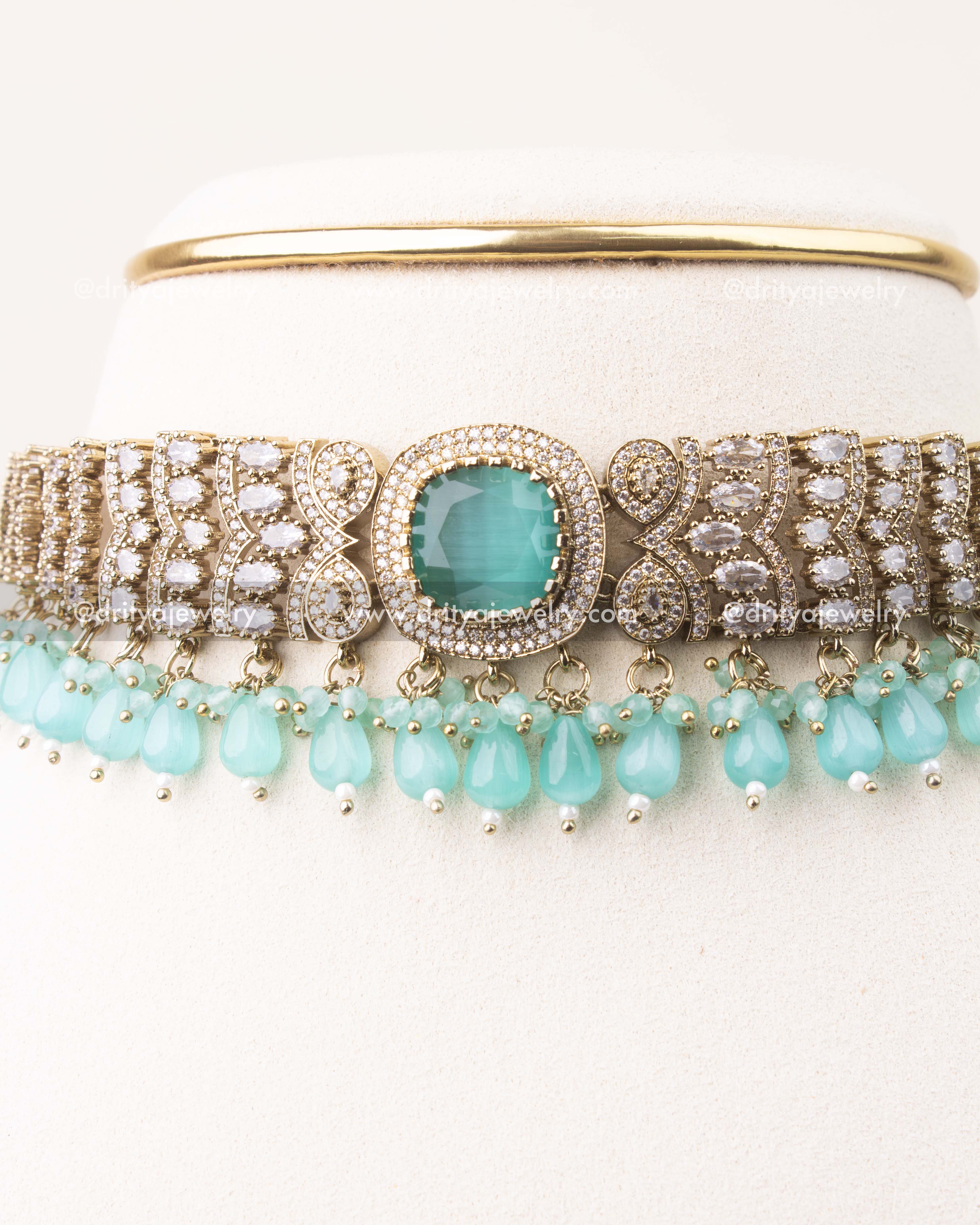 Mint stone centrepiece with CZ detailing and bead drops