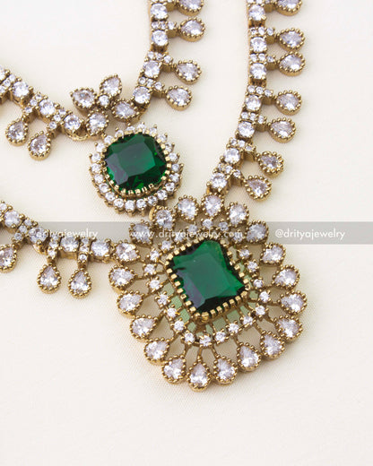 Victorian gold plated necklace with emerald green center stone and CZ drops