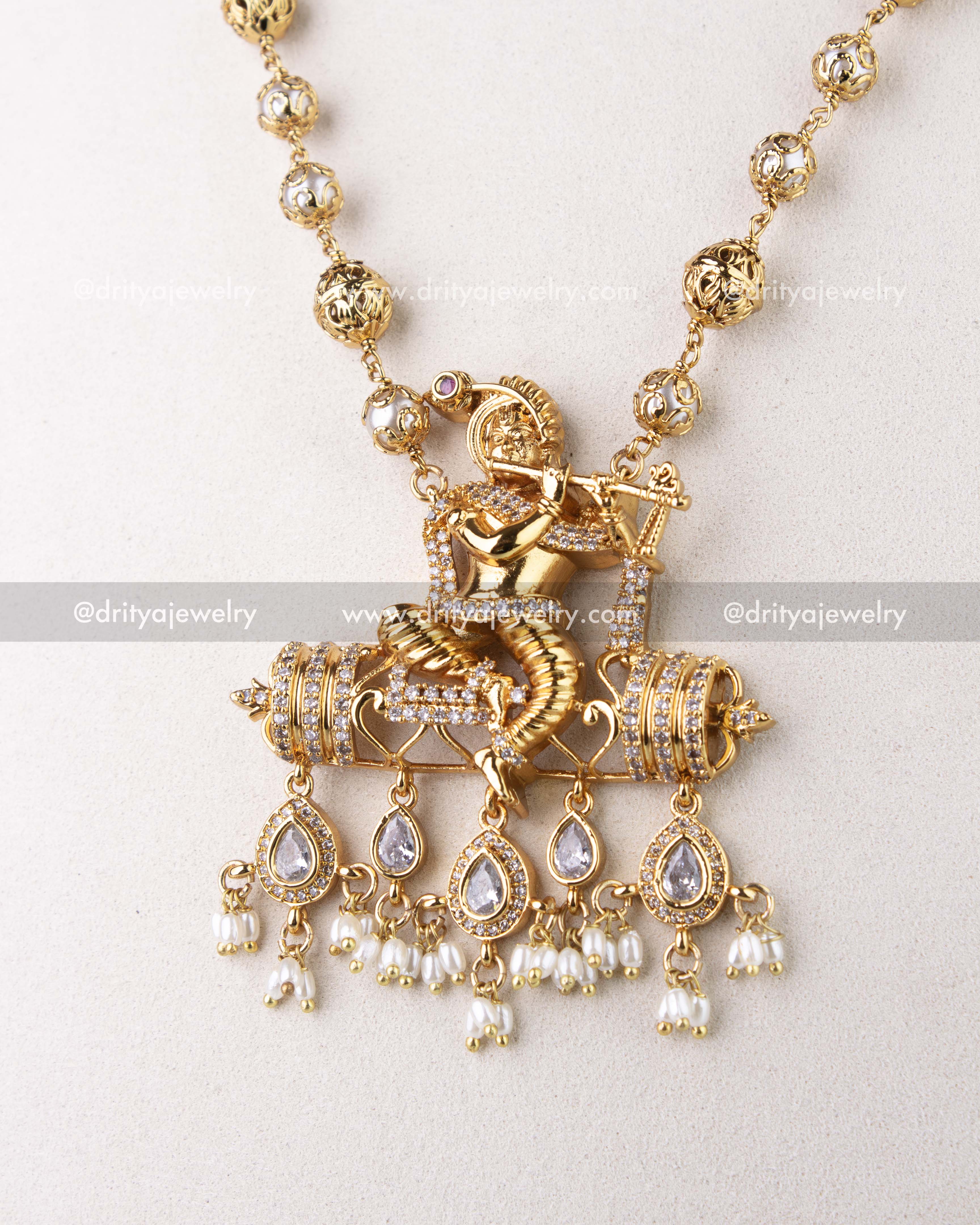 Premium Lord Krishna Pendant Necklace with CZ Accents and Pearl Drops