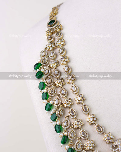 1309-GL angled view of multi-layer emerald bead drop necklace strands