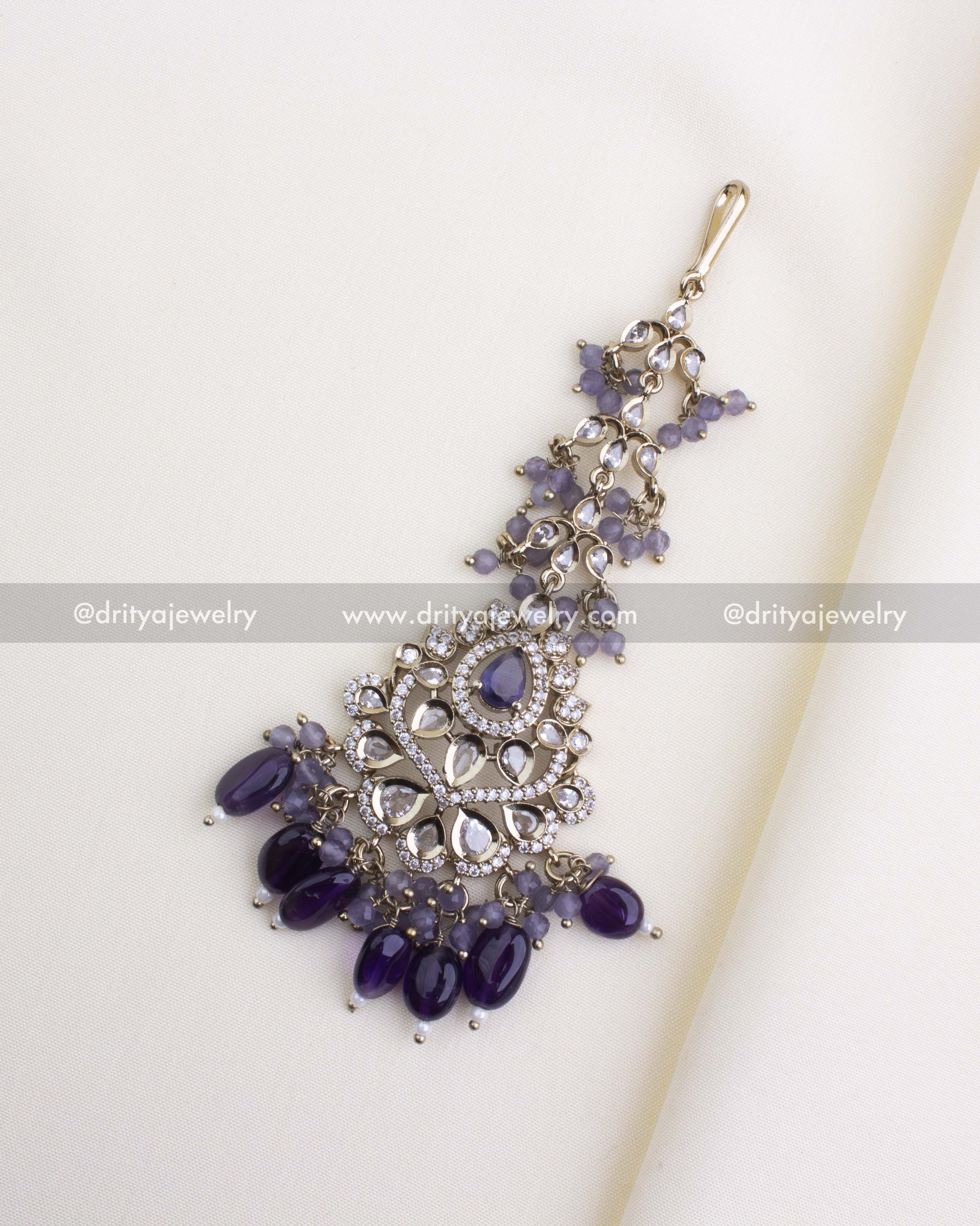 Full view of long purple stone bridal maang tikka with dangling beads, SKU 1133-PU