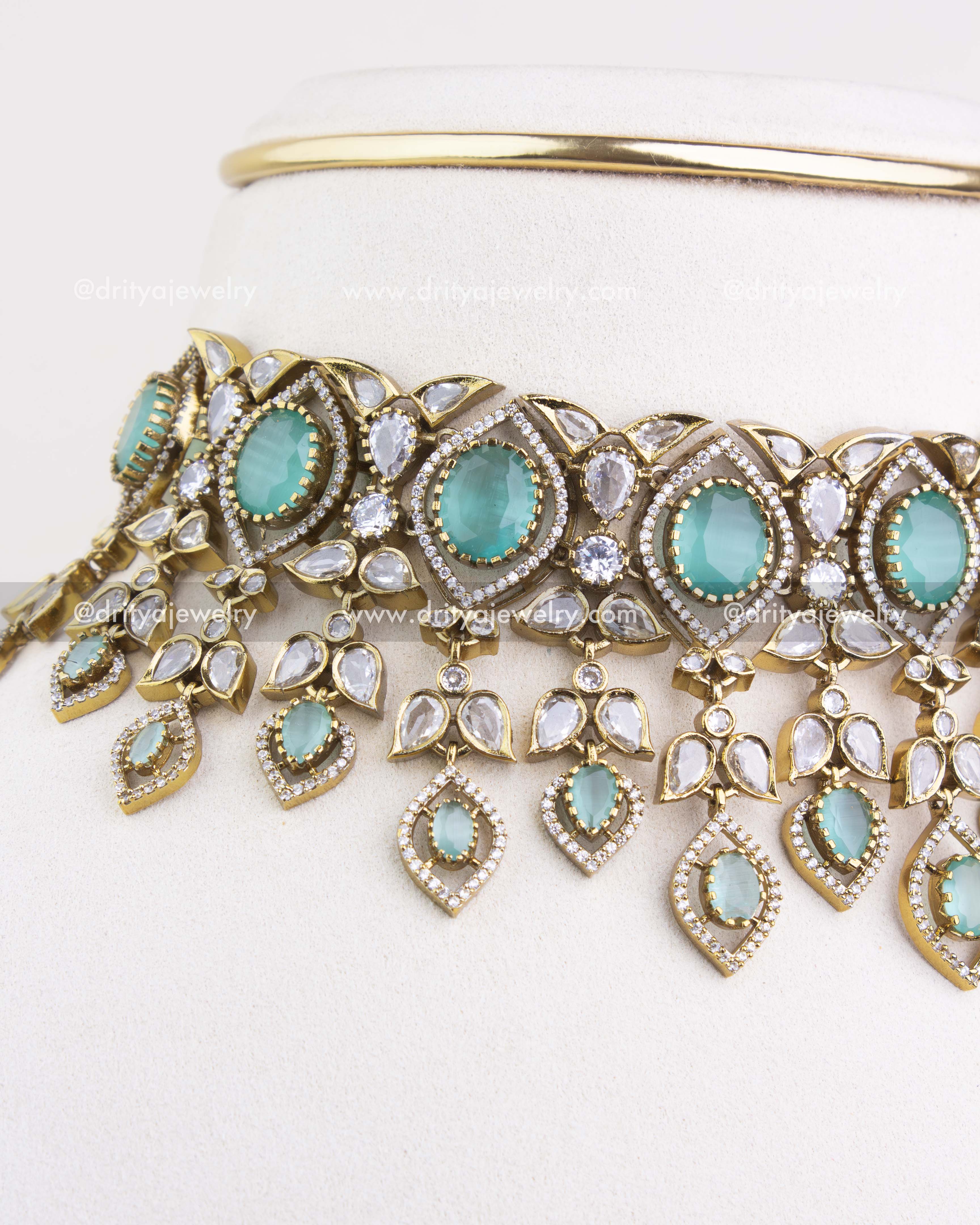 1236-MG side close-up of mint stones and AD detailing on Victorian choker necklace