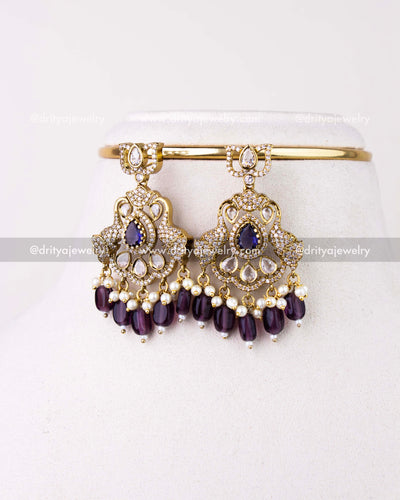 1309-PUSET matching Victorian dangler earrings with purple beads and pearl clusters