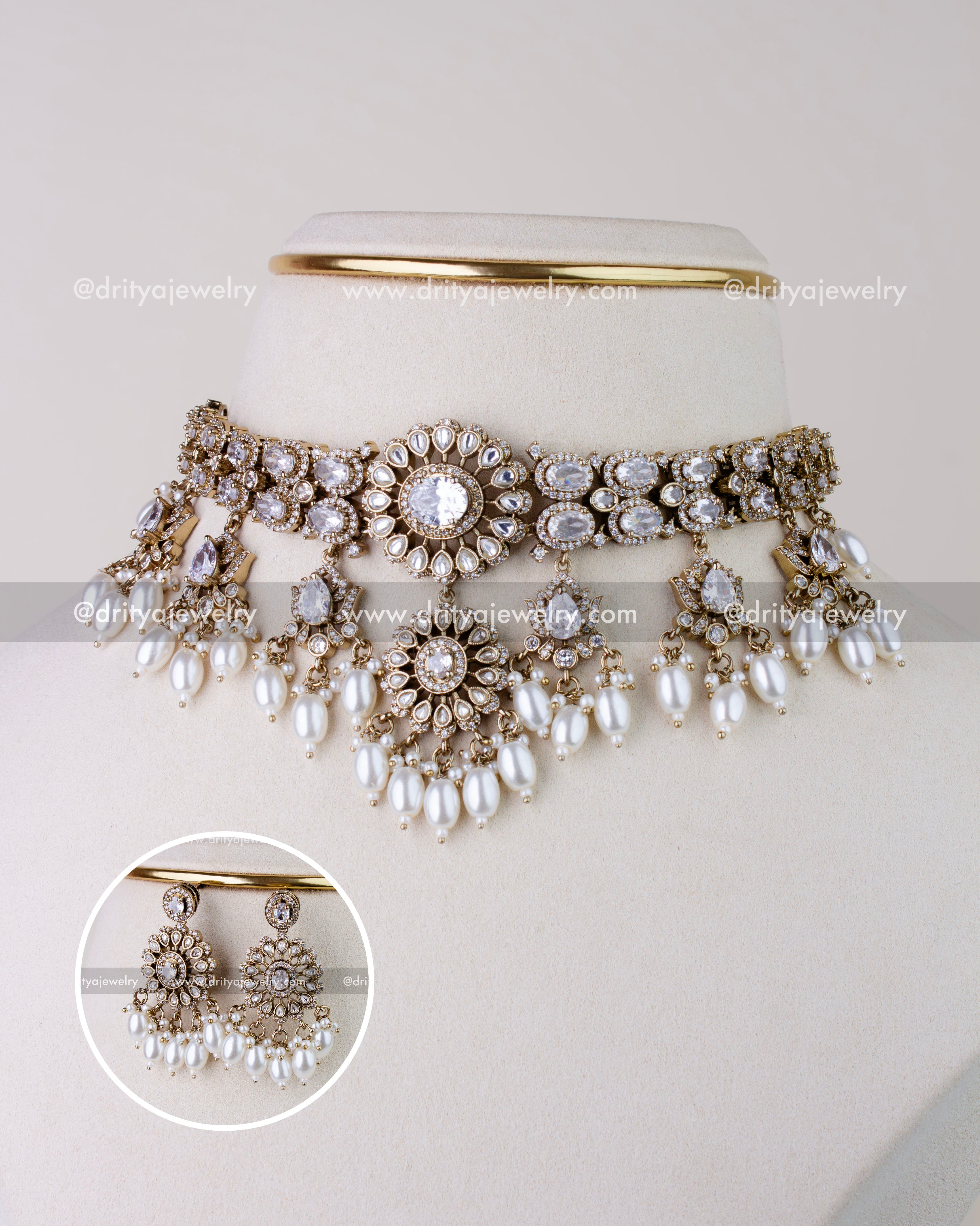 1271-W Victorian CZ kundan choker necklace set with pearl-like drops front view