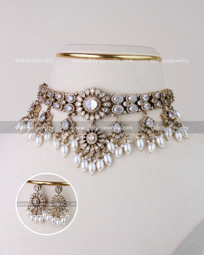 1271-W Victorian CZ kundan choker necklace set with pearl-like drops front view